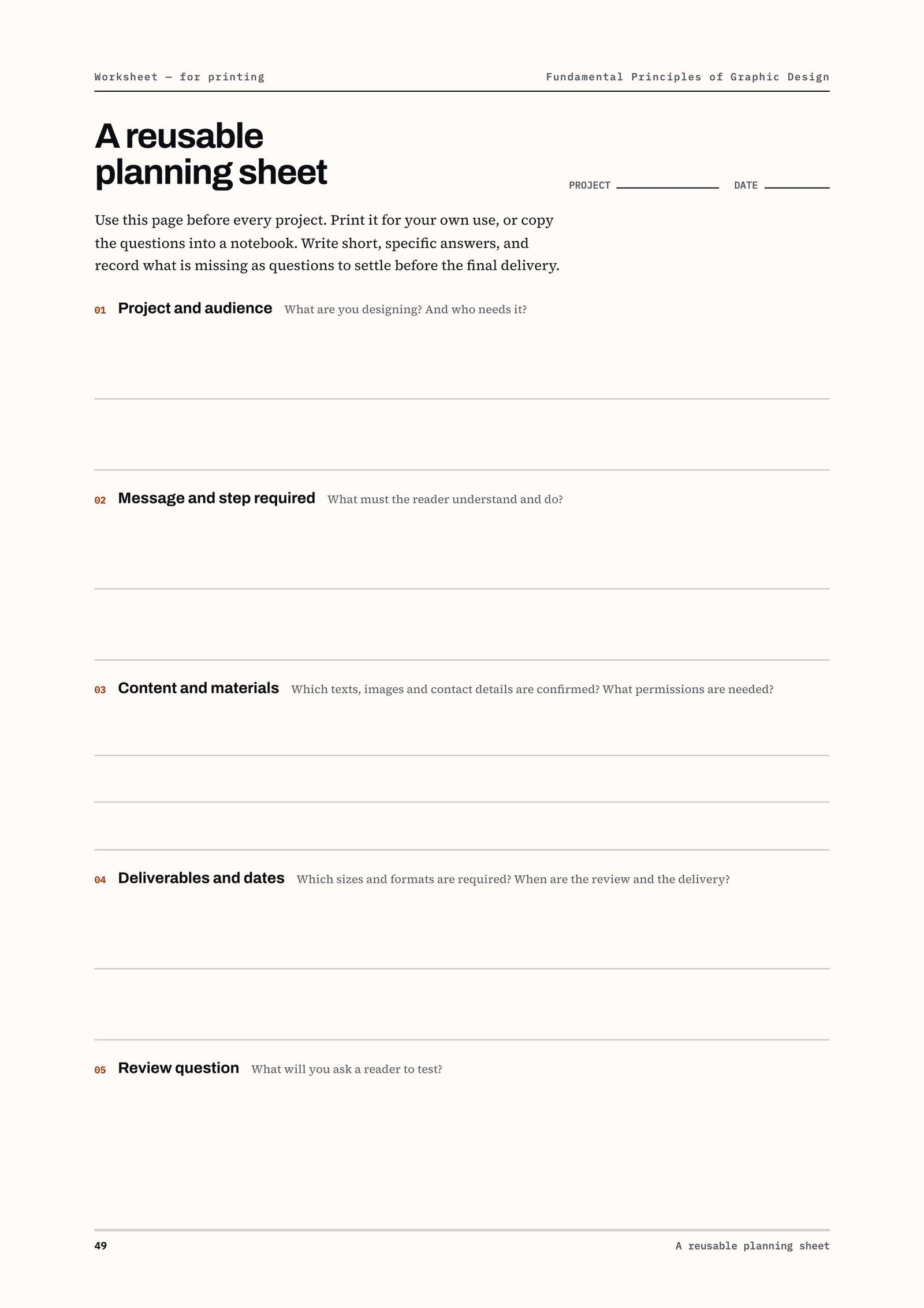 A reusable planning sheet with five questions to answer before every project