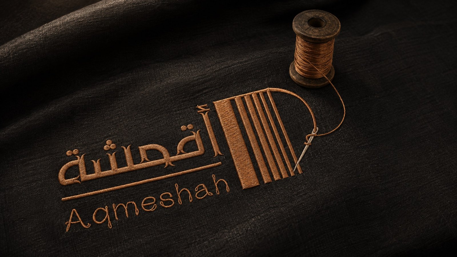 Aqmeshah logo embroidered in copper thread on dark fabric, by Shaheen Aljack