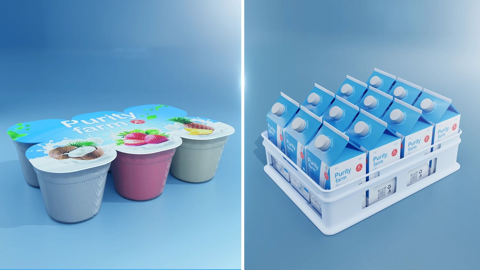 Purity Farm yogurt cups and milk cartons in a crate