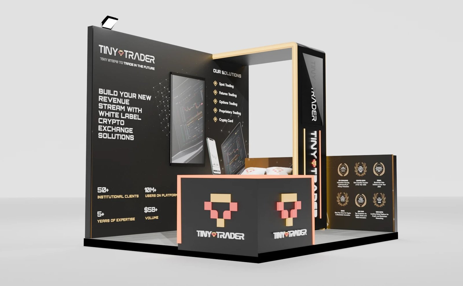 TinyTrader exhibition stand, three-quarter view