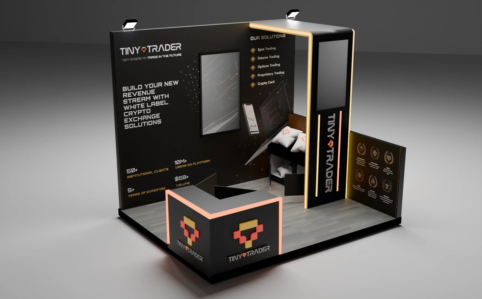 TinyTrader stand from the front left, with the reception counter