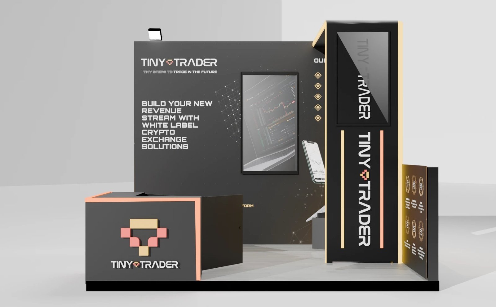 TinyTrader stand, front view with the solutions wall