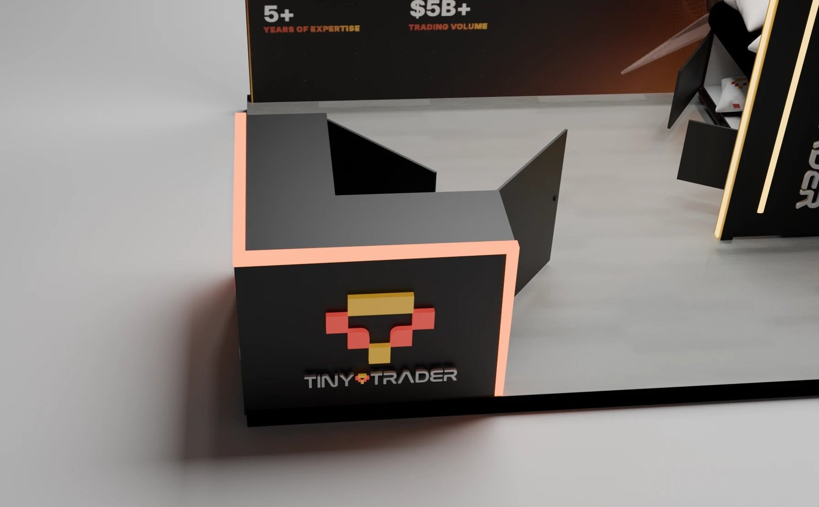 TinyTrader stand, side elevation with the lit gantry