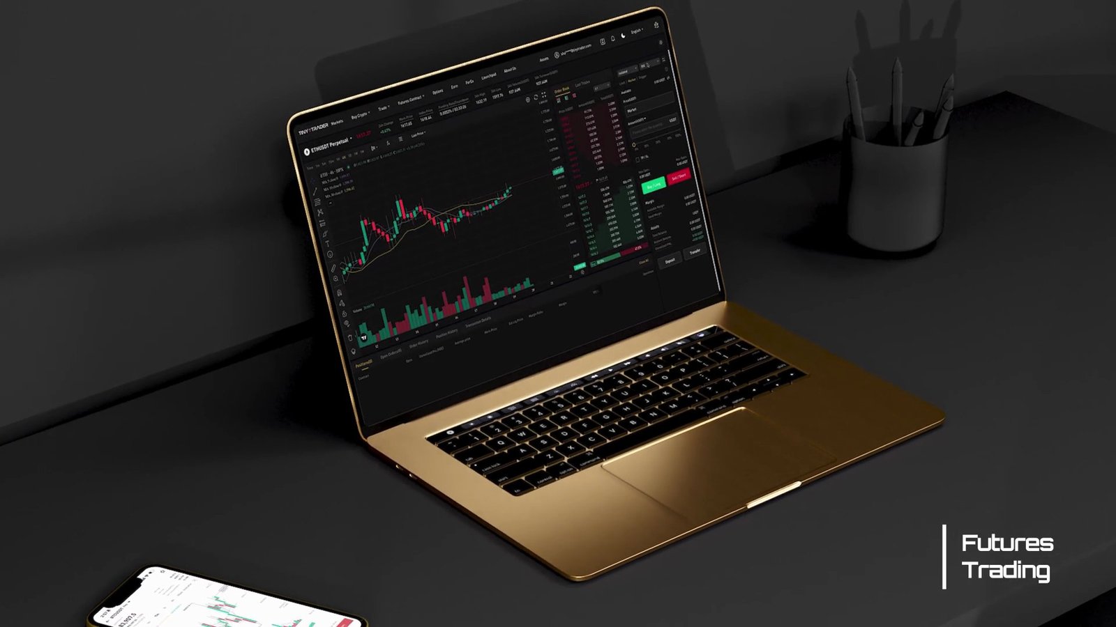 TinyTrader product demo film, laptop and phone on a desk