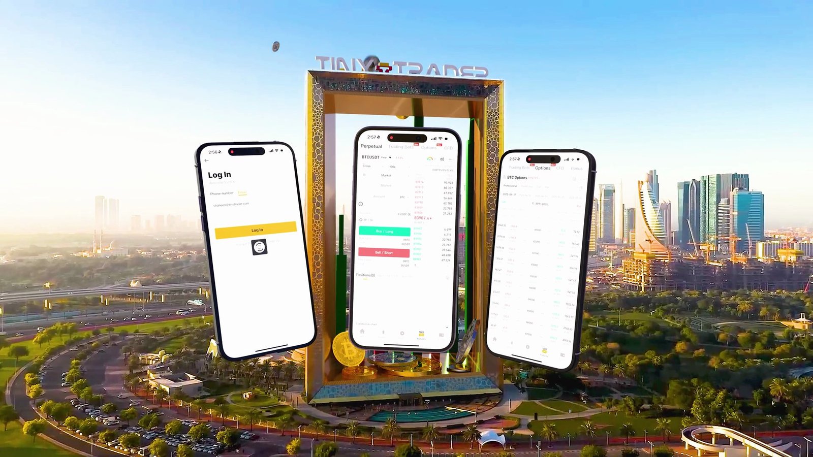 TinyTrader app screens rising out of the Dubai Frame